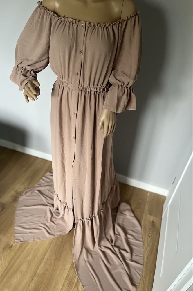 Suknia do sesji ciążowej boho kawa z mlekiem rozpinana XL beżowa