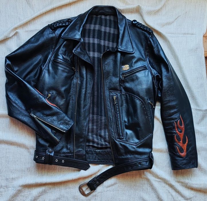 Kurtka skórzana czarna płomienie pasek gruba motocyklowa alternative o