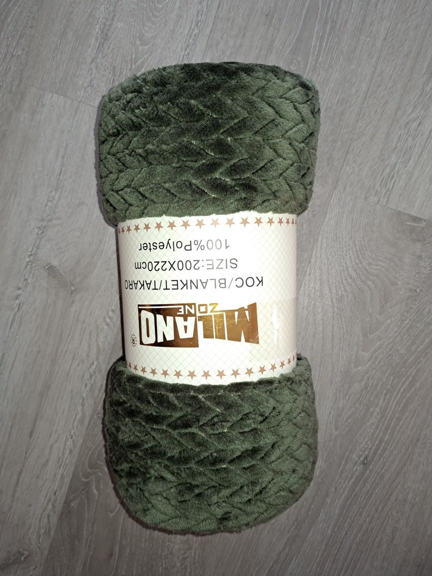 Koc pled 200x220 mikrofibra butelkowa zieleń i khaki