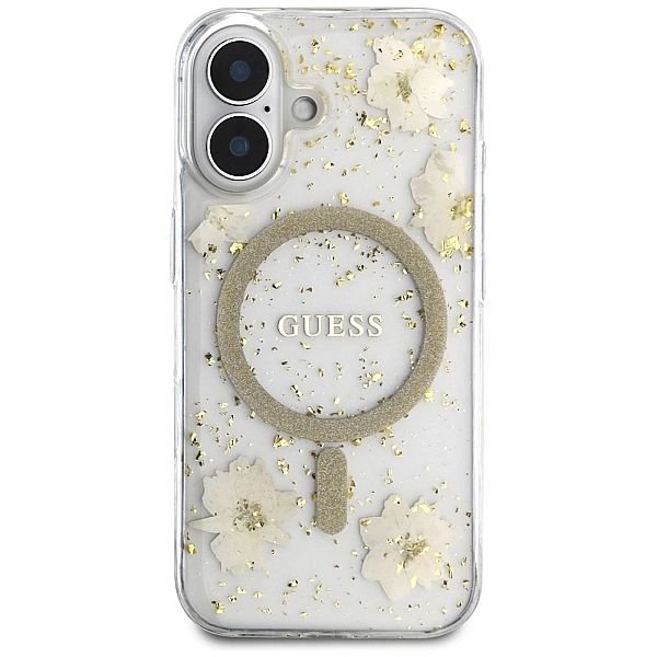 Etui Guess Resin Flowers Glitter MagSafe na iPhone 16 - beżowe