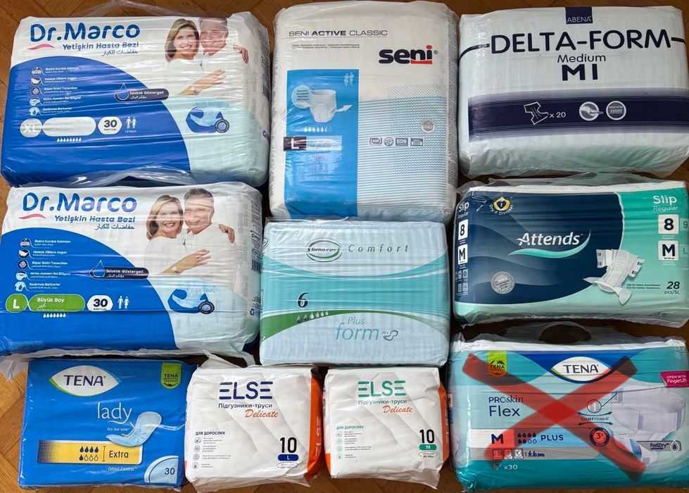 Підгузки Seni,Attends,Dr.Marco,Else,урологічні прокладки Tena.