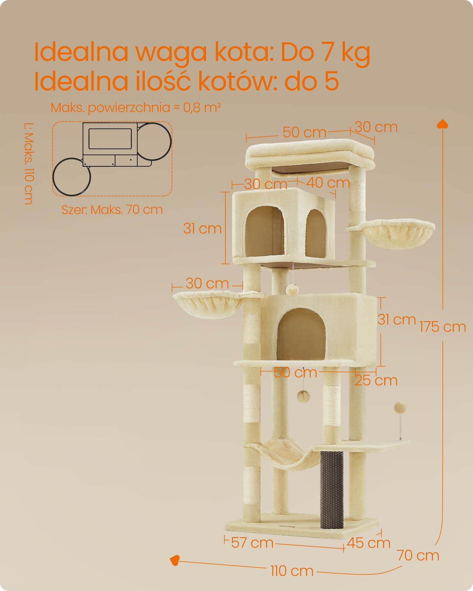 Drapak wysoki XL legowisko dla kotów domek słupek do drapania 175 cm