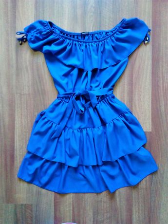 Chabrowa sukienka, carmen, r. L/XL, krótka, rozkloszowana, niebieska.
