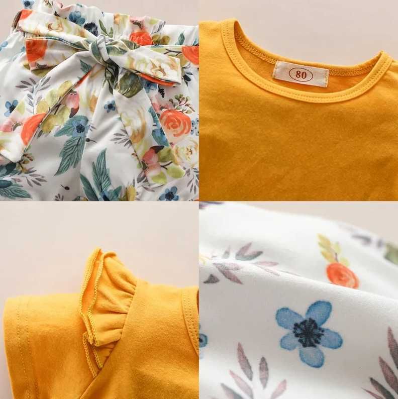 Zestaw letni żółty kwiaty spodenki koszulka opaska 74 68 boho kwiaty