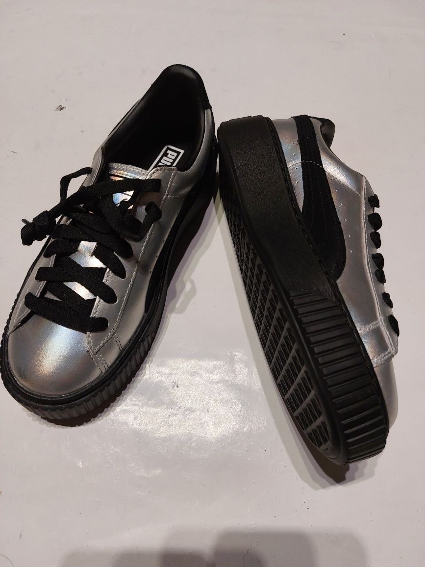 PUMA sneakersy trampki na platformie 37 37.5 skórzane srebrne silver