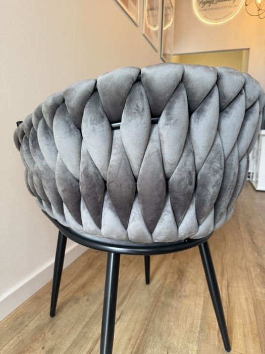 Krzesło szare velvet plecione oparcie loft do stołu toaletki