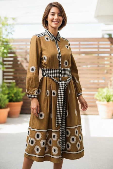 Платье вышиванка миди из хлопка с поясом и карманами Dixie р. S/М