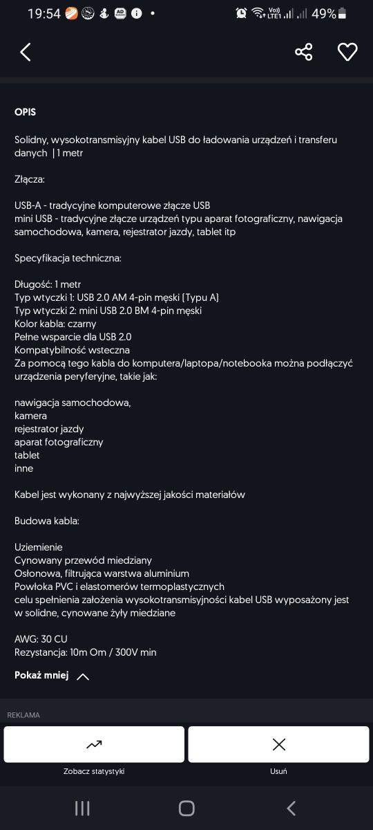 Kabel mini USB interlook aparat telefon tablet itp