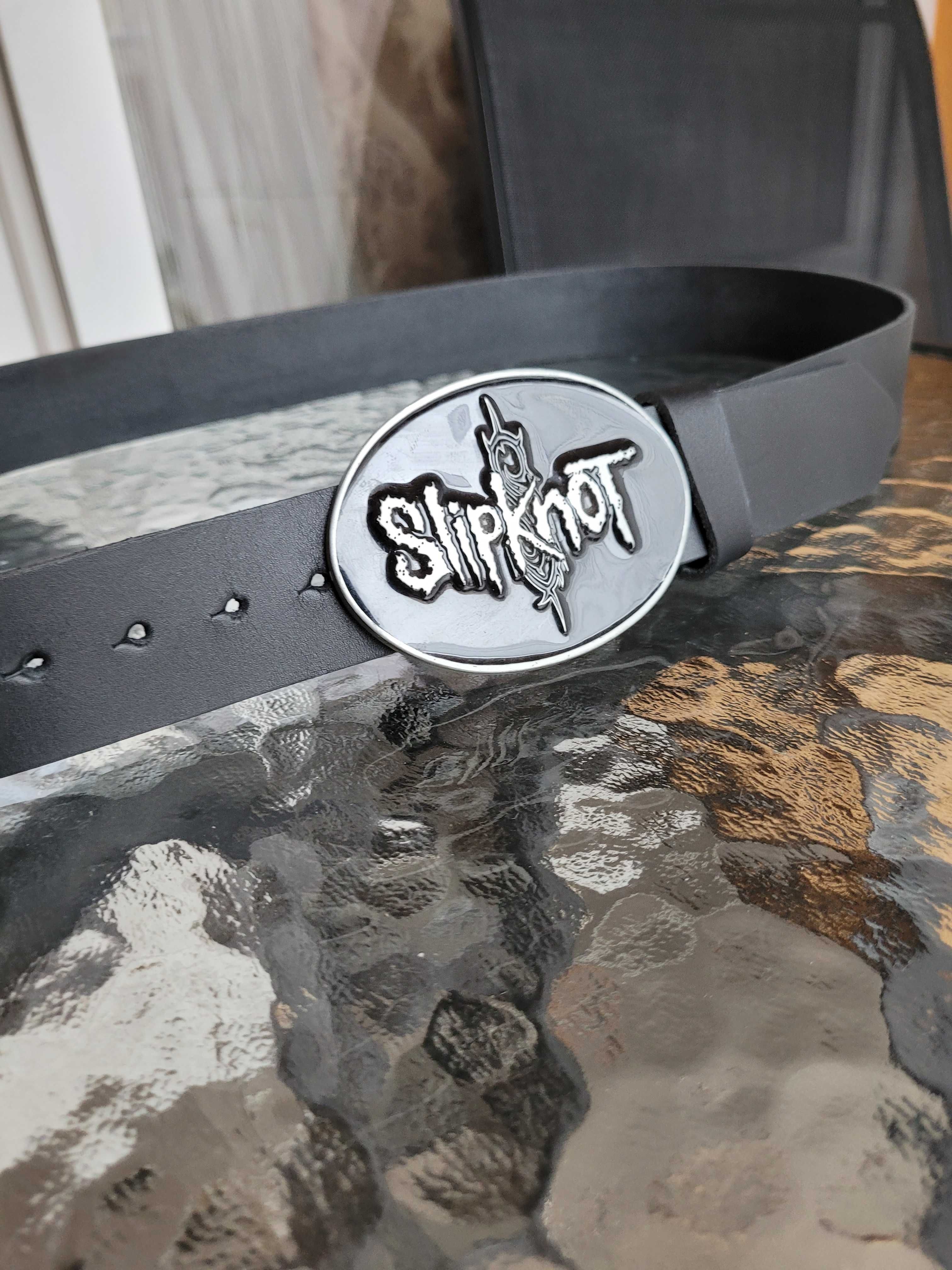 Czarny męski skórzany pasek ręcznie robiony z klamrą zespołu Slipknot