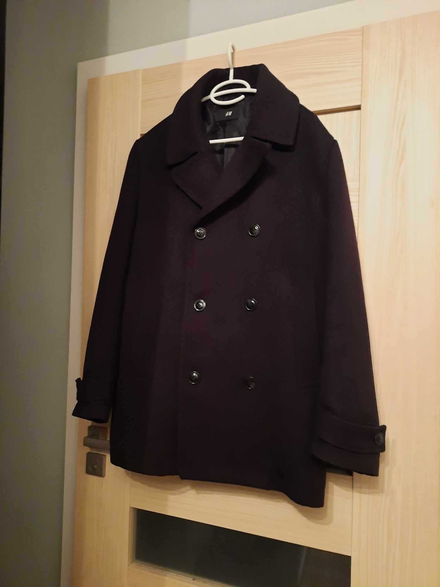 Męski płaszcz H&M dwurzędowy czarny elegancki L 52