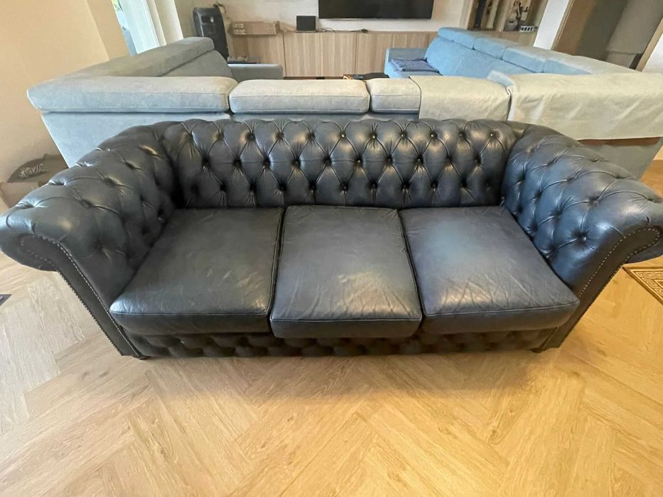 Sofa chesterfield skóra 3-os niebieska