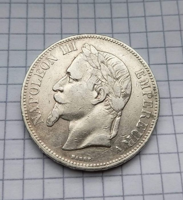 Монета серебро 5 Франков 1870 Наполеон3,велика срібна монета/900 по.