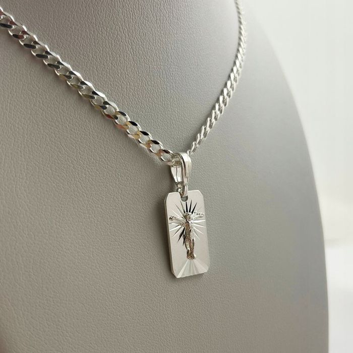 Srebrny Łańcuszek Komunijny Naszyjnik Pancerka + Medalik Jezus 925 + G