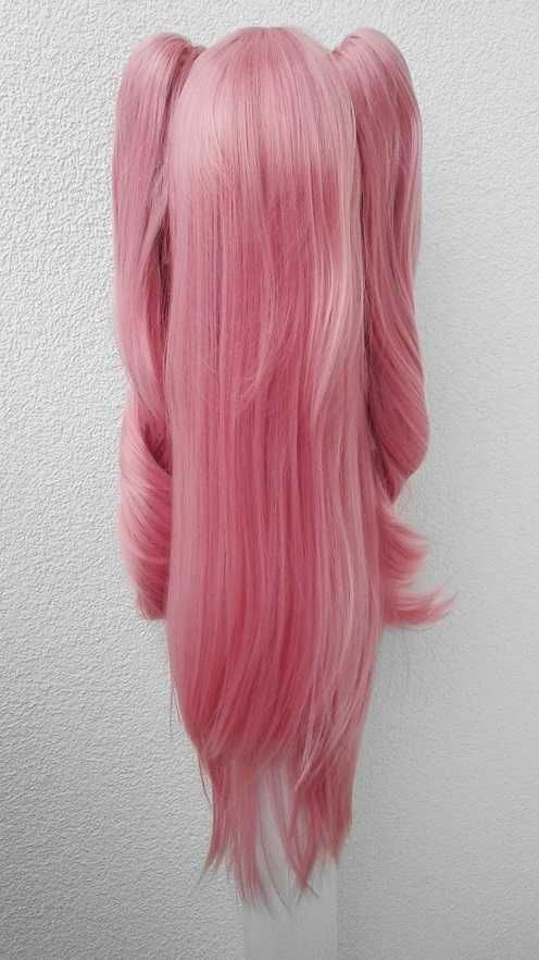Krul Tepes Różowa długa prosta peruka z kitkami grzywką cosplay wig