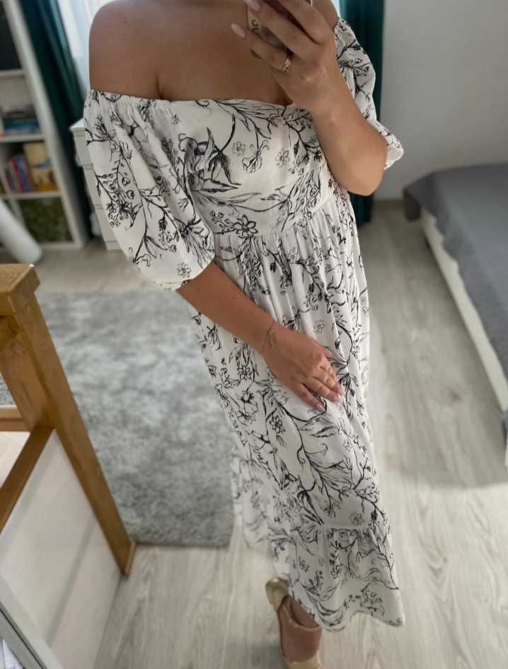 Reserved sliczna biala sukienka w kwiaty z wiskozy M