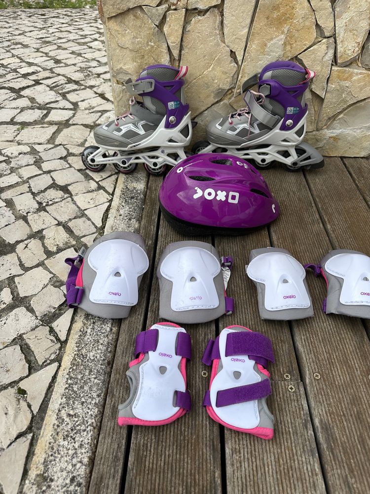 2 conjuntos patins em linha Oxelo+proteções+capacete