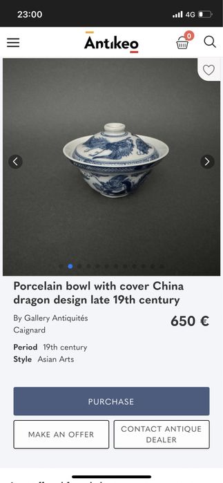 Tigela de porcelana chinesa com tampa  com dragão seculo 19