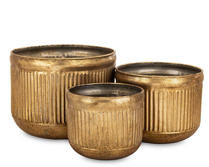 3 x Złota Okrągła Osłonka Doniczka Postarzana Retro Loft Komplet175641