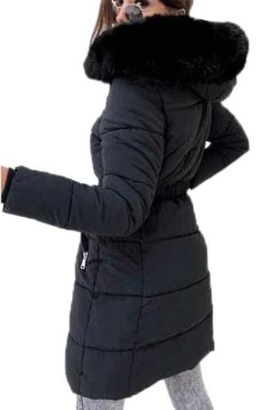 Pikowany puchowy płaszcz zimowy kurtka CAMEL jenot pasek futro XXL