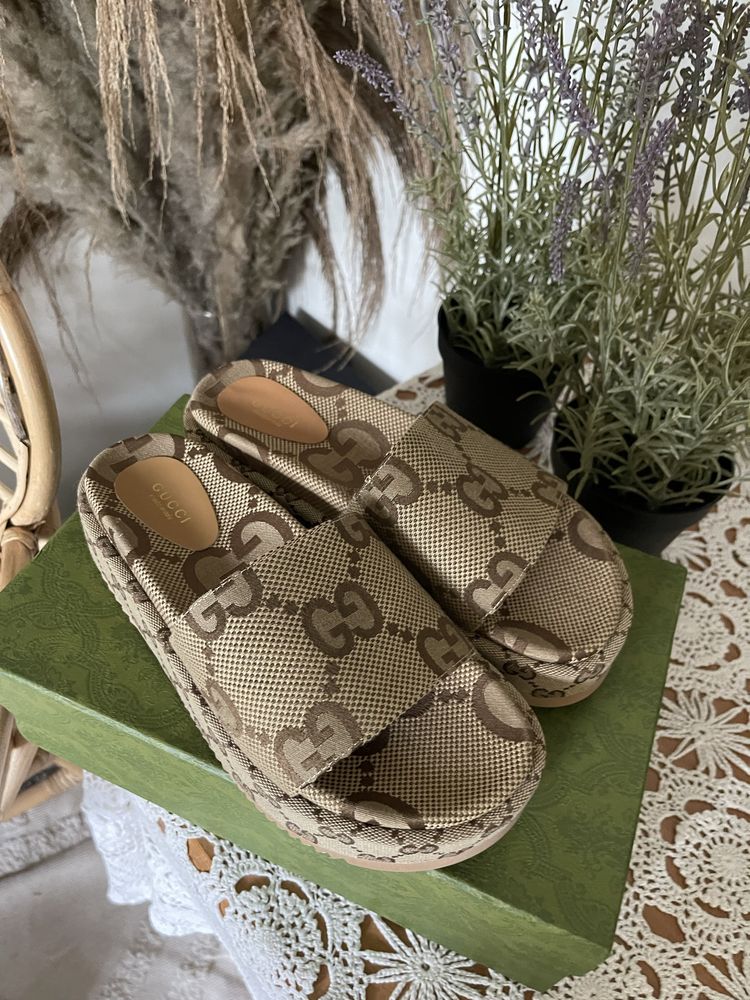 Klapki Gucci canvas maxi platformy 36 buty damskie na lato nowe