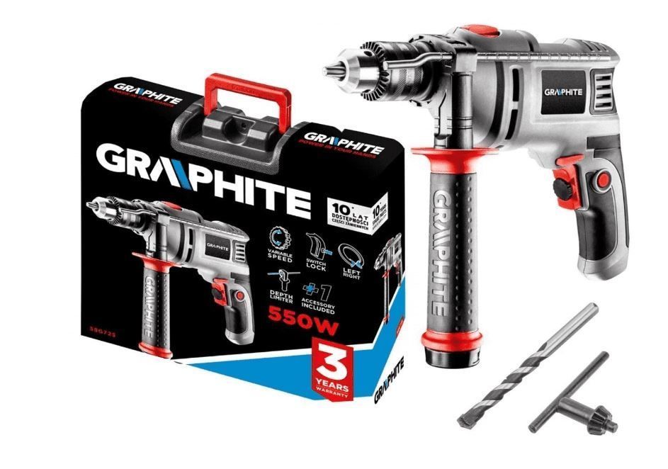 Wiertarka Udarowa 550W Uchwyt Kluczykowy 13 Mm Obroty 0-3000 Graphite