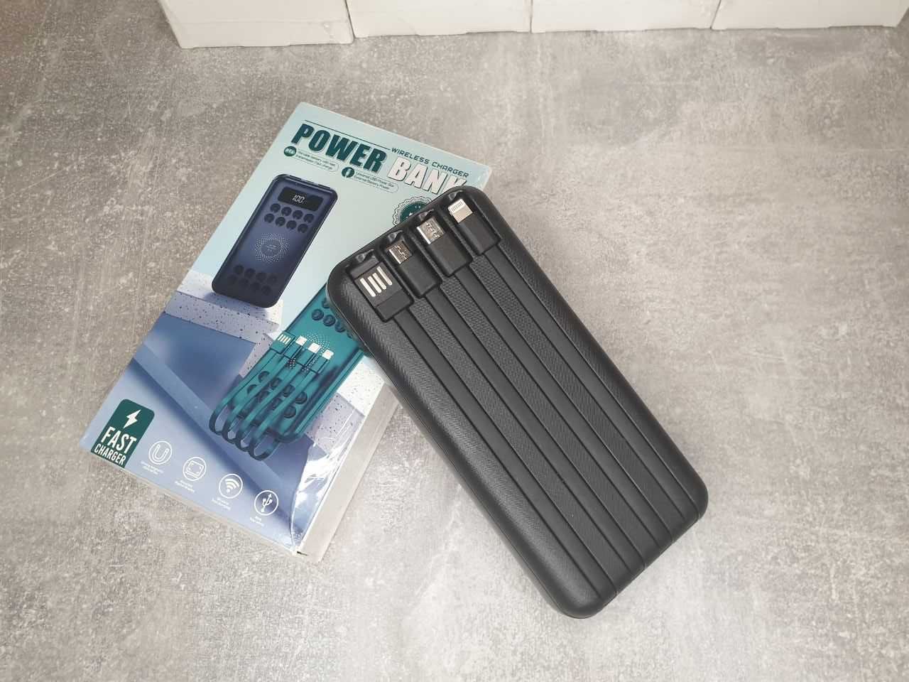 повербанк на 20000 mah 4 кабелі для зарядки та присоски