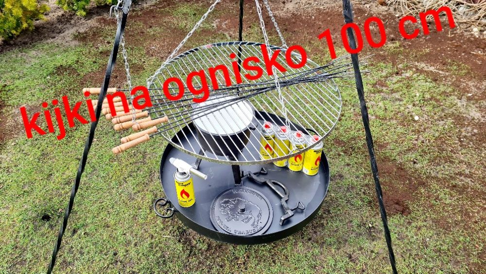 GRILL ogrodowy Trójnóg Ruszt 70 na ognisko palenisko kociołek emalia