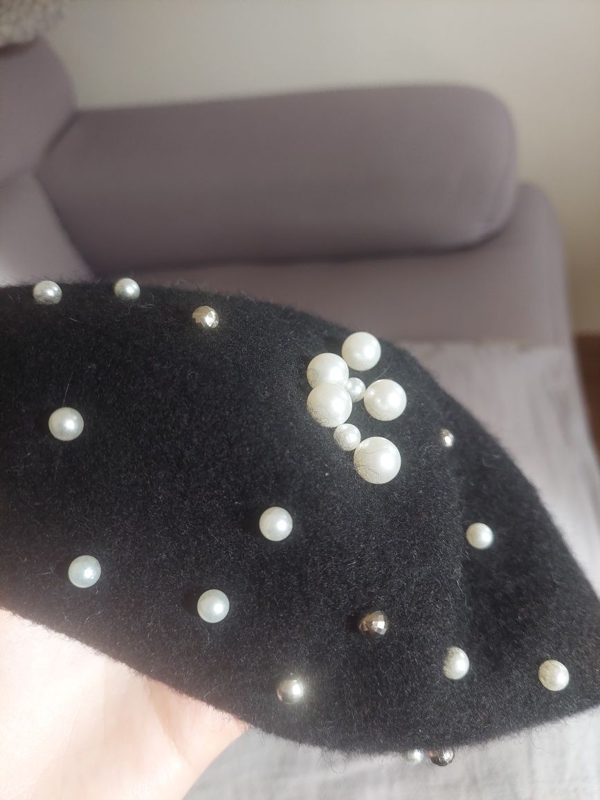 Piękny beret czarny damski wełna wełniany z perełkami elegancki