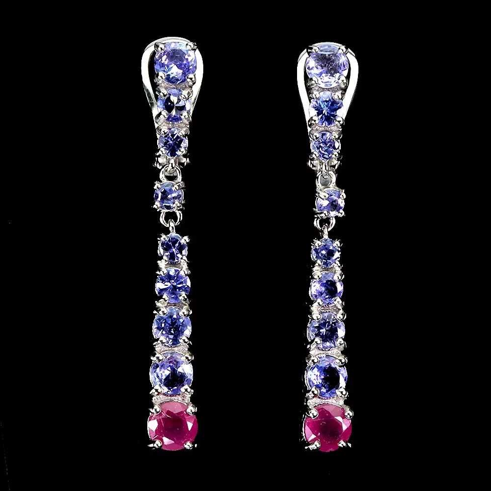 Серьги из серебра 925 пробы с круглым рубином 4,5 мм и танзанит