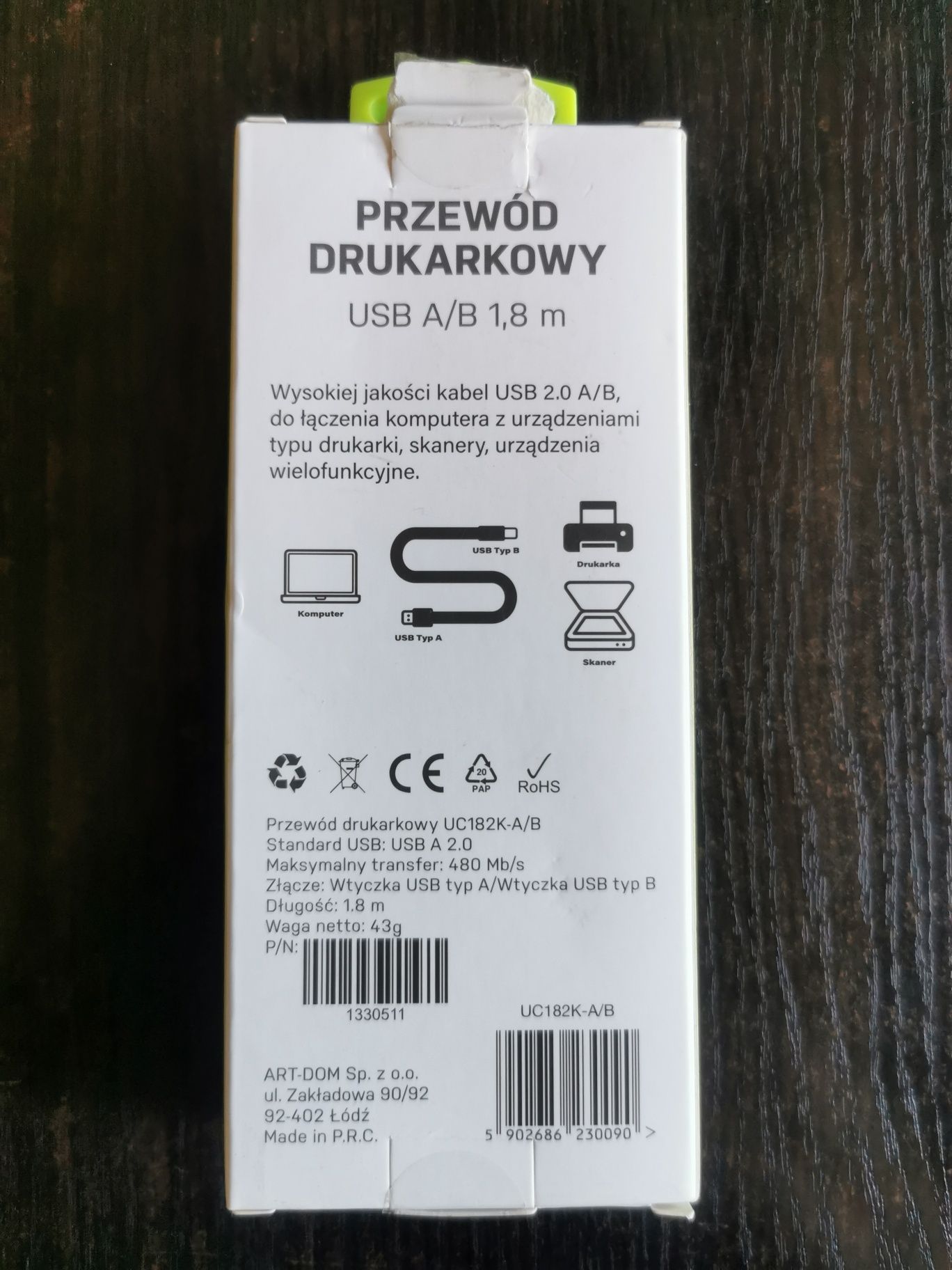 Przewód drukarkowy USB A/B 1,8m