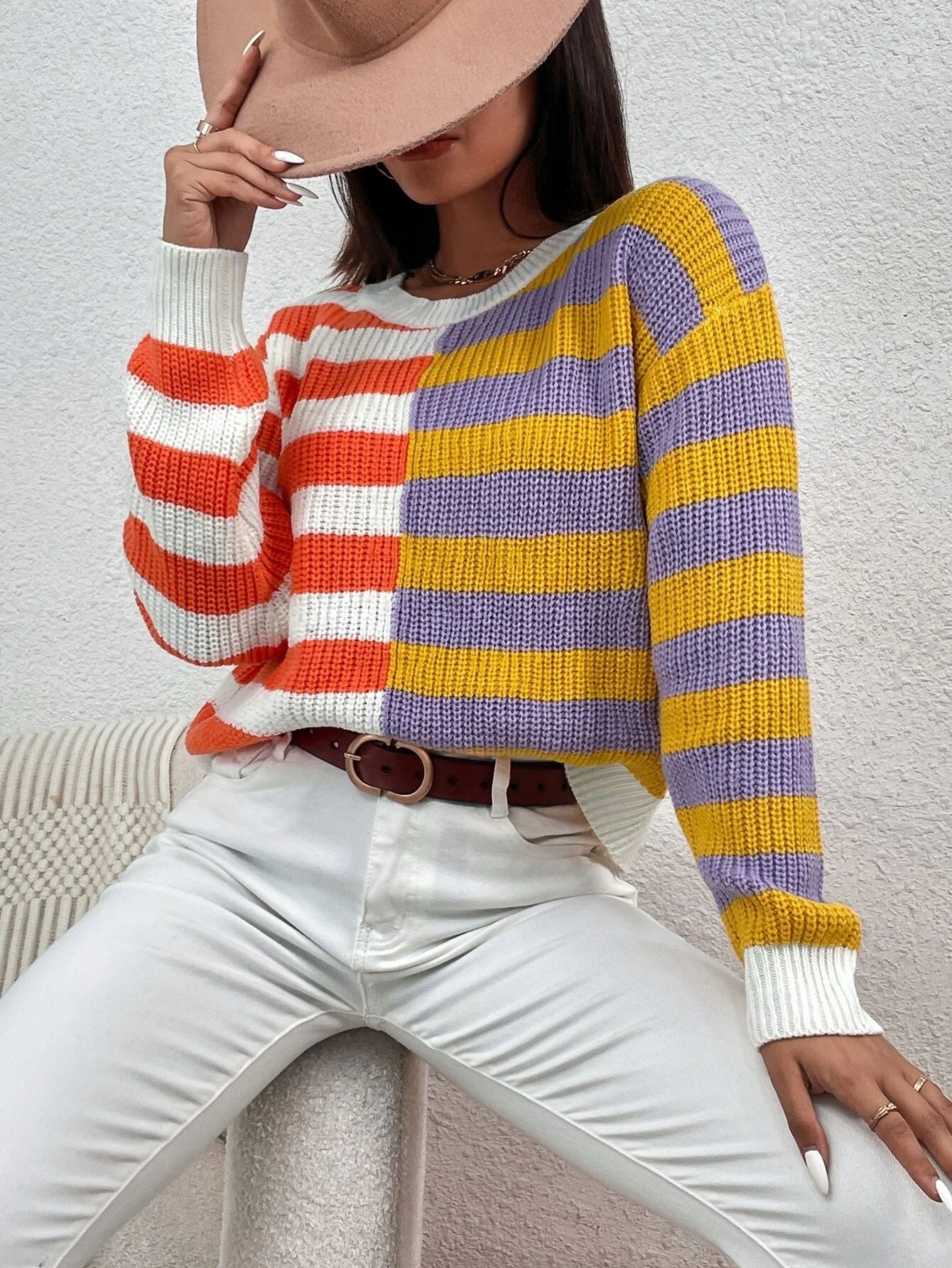 Sweter damski casual w paski wielokolorowy L 40