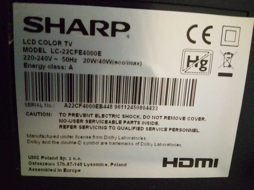 Tv Led 22 cale 100 Hz Sharp LC-22CFE4000E Usb