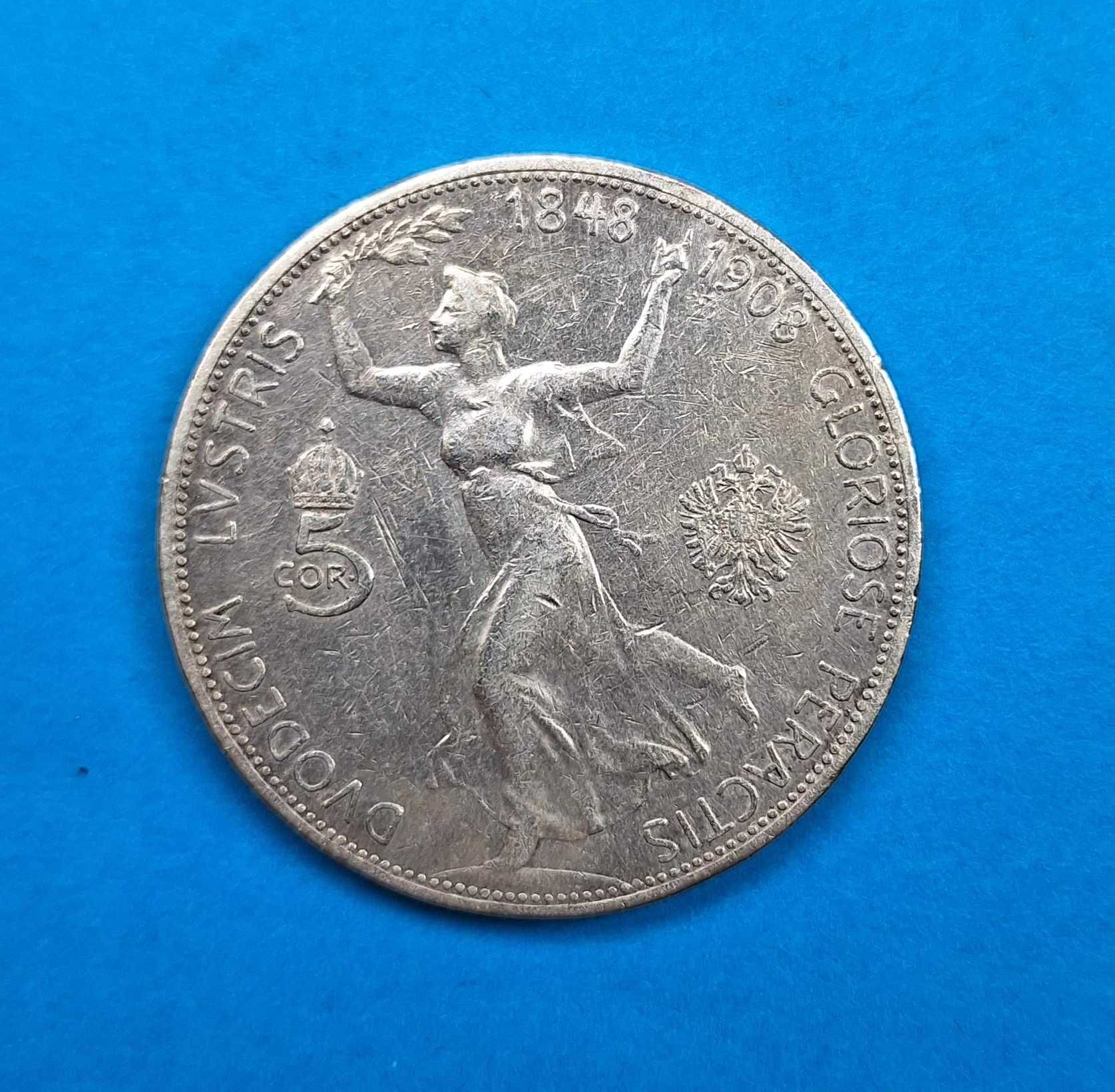 Austria 5 koron rok 1908, 60 lat panowania, bdb stan, srebro 0,900