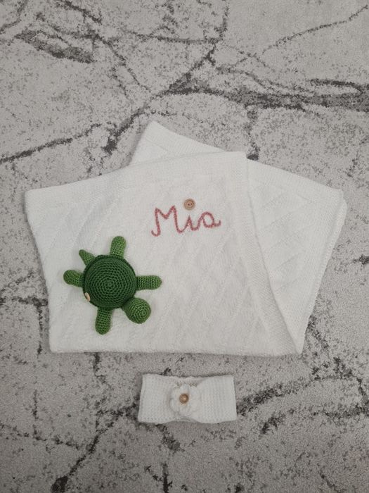 Zestaw ręcznie robiony - koc, maskotka, opaska