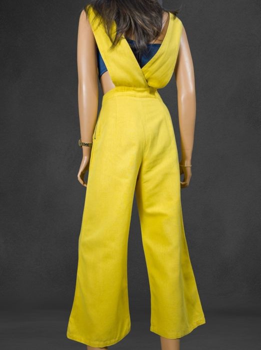 Lniany casualowy kombinezon wide leg cytrynowy  53% len zara xs/s