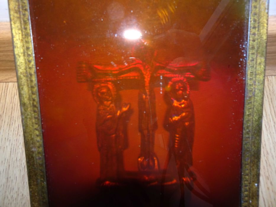 Hologram, obraz holograficzny, lata 70, brązowy krucyfiks, UNIKAT