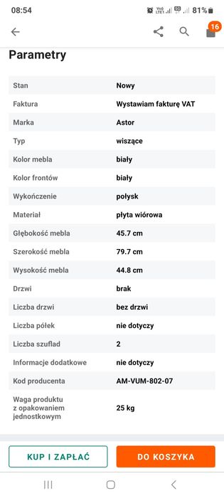 Szafka pod umywalkę wiszaca