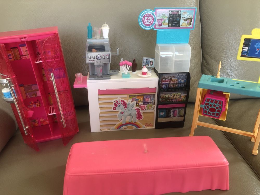 Mebelki dla lalek Barbie, lodówka, ławeczka, bar, weterynarski stolik
