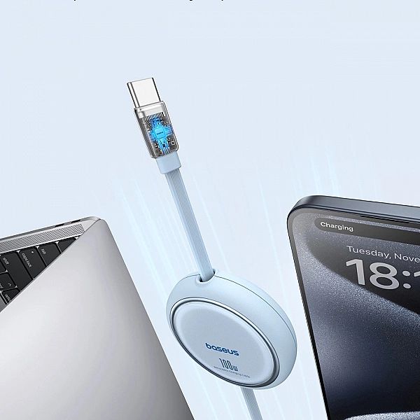 Kabel wysuwany Baseus Free2Draw Mini USB-C - USB-C 100W 1m - niebieski