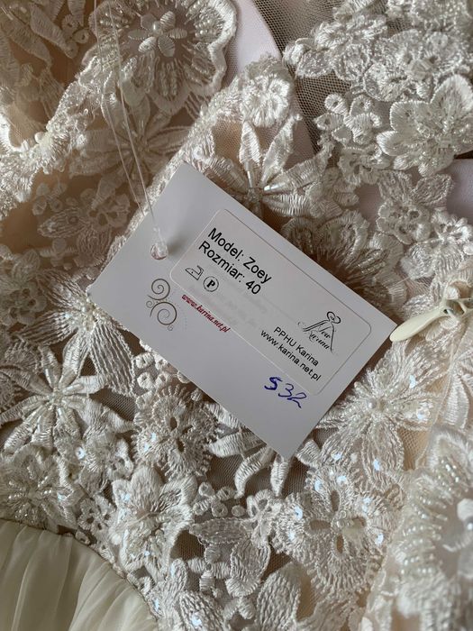 Rustykalna suknia ślubna ivory z kwiatami 3d nowa 40 L na wesele boho