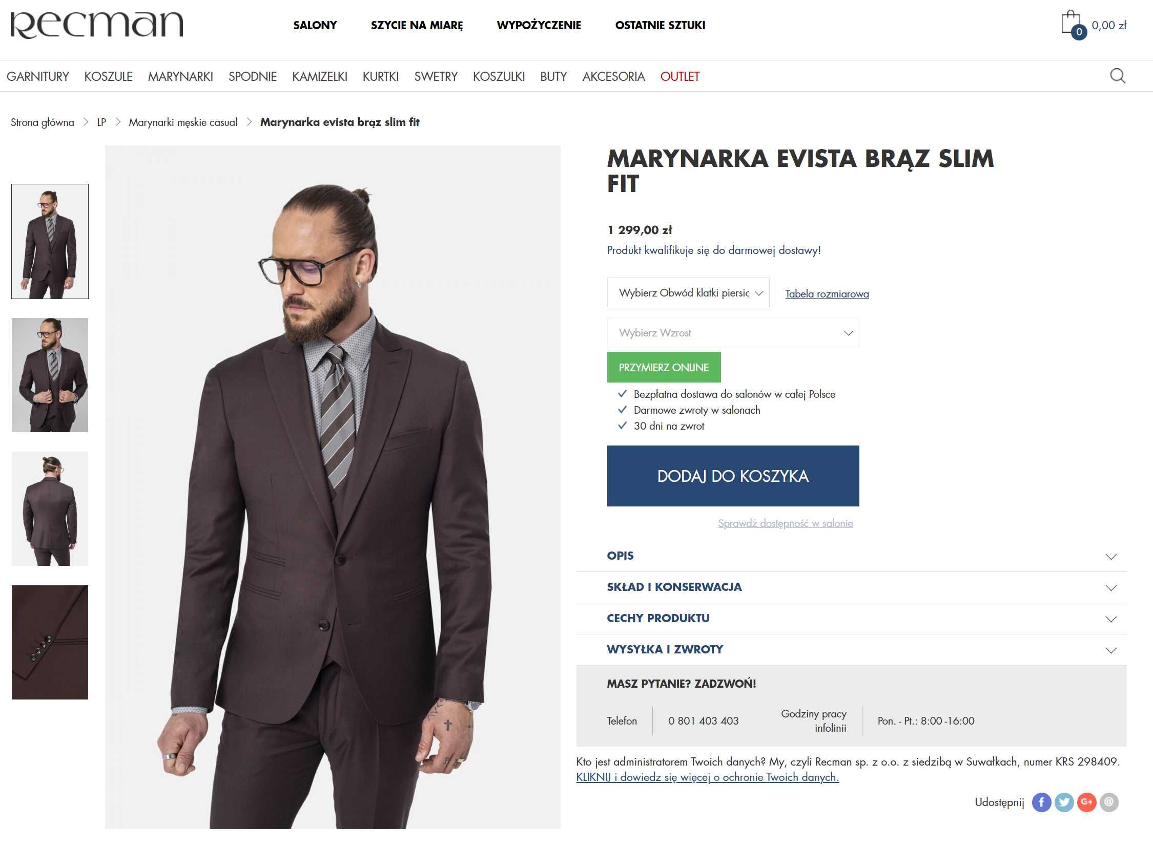 Garnitur  Recman Evista brązowy / slim fit / wzrost 185-190cm