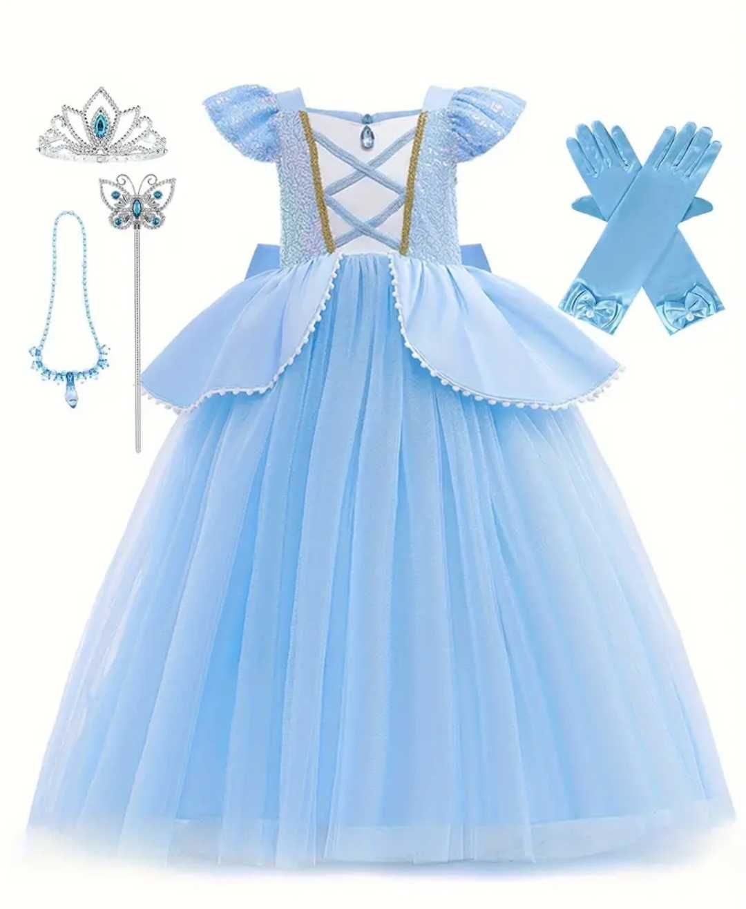 Nowy zestaw Kopciuszek Cinderella, r. 116/122 + akcesoria! przebranie