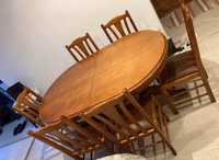 Mesa de jantar (madeira, extensível) com seis cadeiras