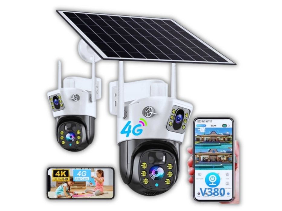 Zewnętrzna Kamera Solarna 4K HD Dwa Obiektywy Karta Obrotowa WYPRZEDAŻ
