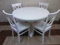 Stół okrągły rozkładany biały 110 +3 wkładki jedna noga 4-10 krzeseł
