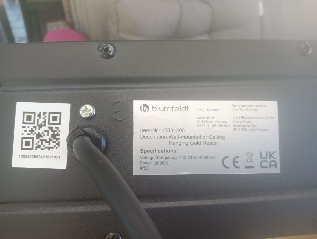 Grzejnik na podczerwień, promiennik pilot termostat ogrodowy 2000W MOC
