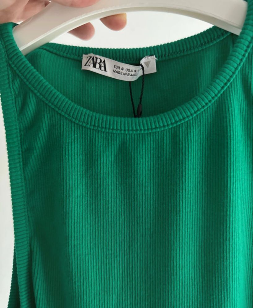 Zara sukienka midi w prazki dekold halter zielona bawełna S