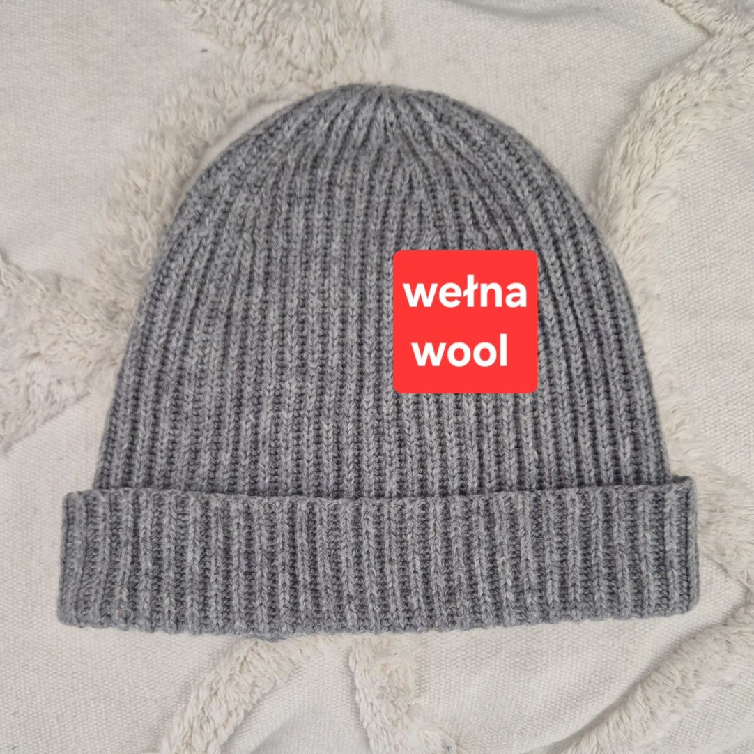 H&M wełniana czapka z wełną szara melanż w prążki