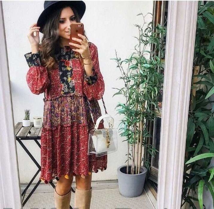 ZARA,LUX,Sukienka Patchworkowa, Pomponami,M/L
