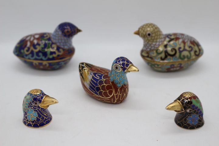 5 Peças Chinesas em Metal Cloisonné Codornizes, Patos e Pássaros